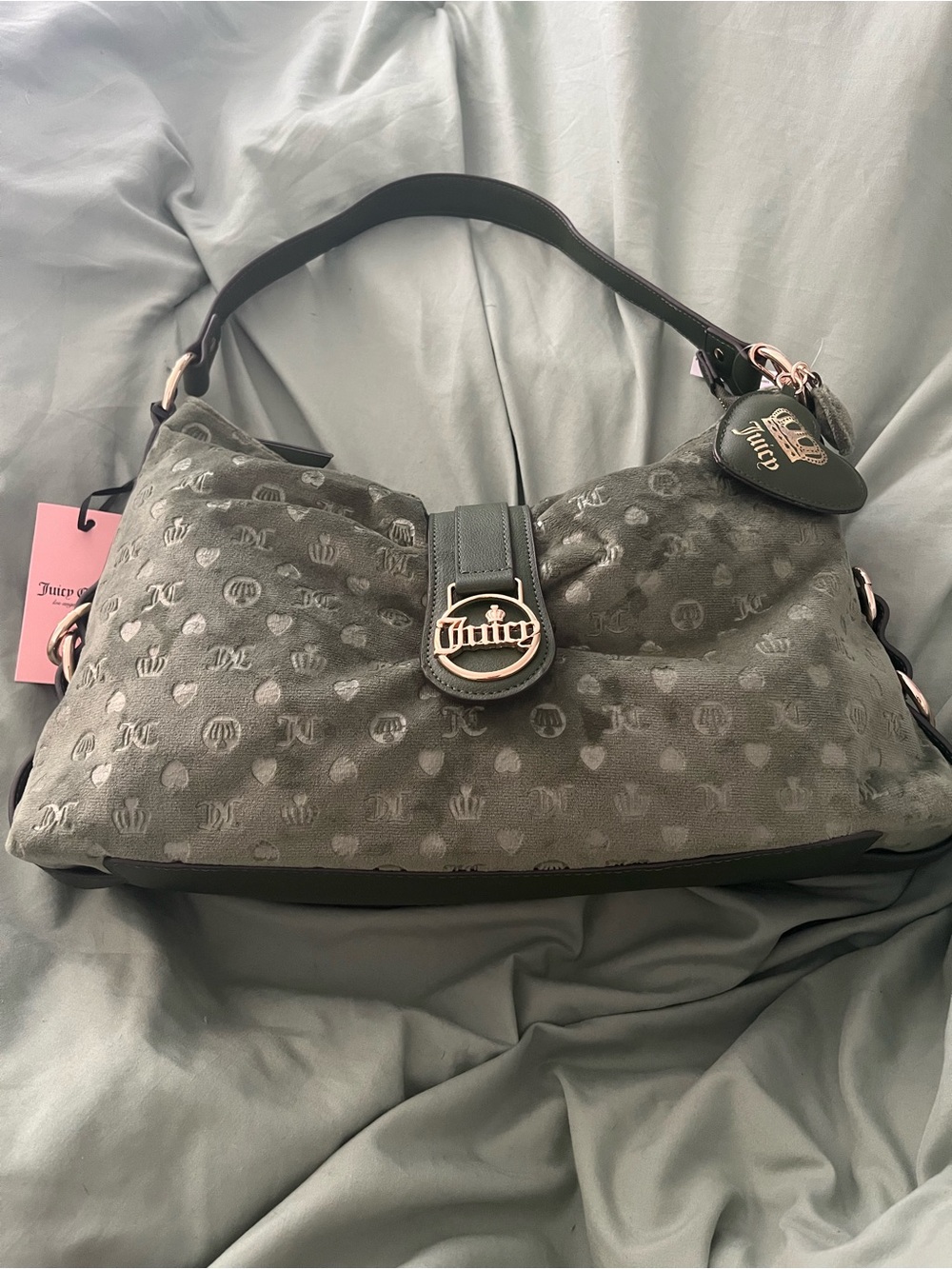 Juicy Couture Gray Logo-Pattern Suede Shoulder Bag with Gold Hardware